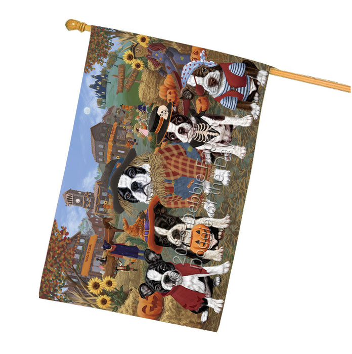 Halloween 'Round Town And Fall Pumpkin Scarecrow Both Boston Terrier Dogs House Flag FLG65635