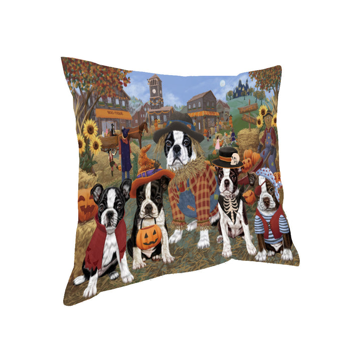 Halloween 'Round Town And Fall Pumpkin Scarecrow Both Boston Terrier Dogs Pillow PIL82316