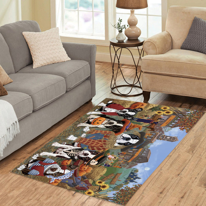 Halloween 'Round Town and Fall Pumpkin Scarecrow Both Boston Terrier Dogs Area Rug
