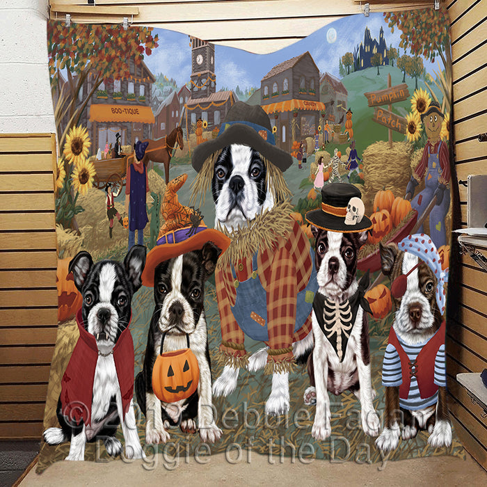 Halloween 'Round Town and Fall Pumpkin Scarecrow Both Boston Terrier Dogs Quilt