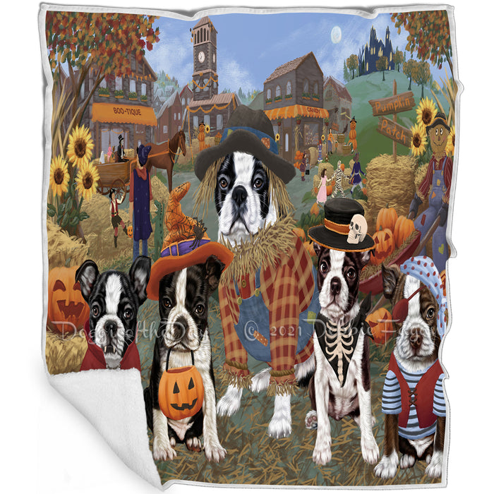 Halloween 'Round Town And Fall Pumpkin Scarecrow Both Boston Terrier Dogs Blanket BLNKT138773