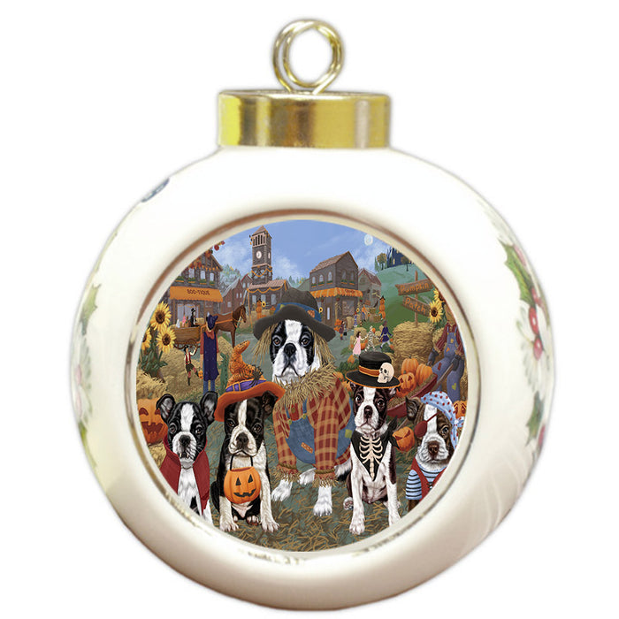 Halloween 'Round Town And Fall Pumpkin Scarecrow Both Boston Terrier Dogs Round Ball Christmas Ornament RBPOR57383
