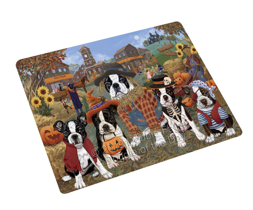 Halloween 'Round Town And Fall Pumpkin Scarecrow Both Boston Terrier Dogs Large Refrigerator / Dishwasher Magnet RMAG104304
