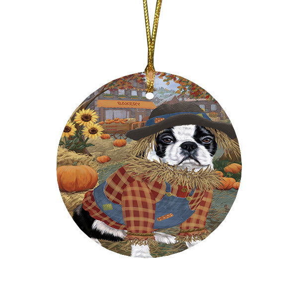 Halloween 'Round Town And Fall Pumpkin Scarecrow Both Boston Terrier Dogs Round Flat Christmas Ornament RFPOR57444