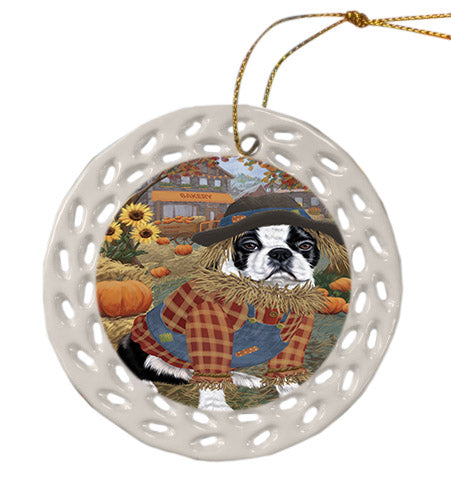 Fall Pumpkin Scarecrow Boston Terrier Dogs Ceramic Doily Ornament DPOR57540