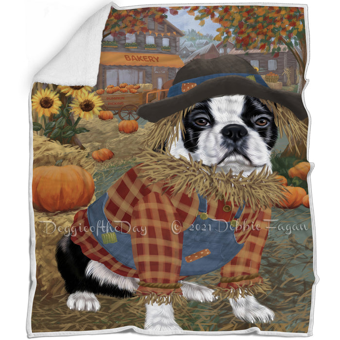 Halloween 'Round Town And Fall Pumpkin Scarecrow Both Boston Terrier Dogs Blanket BLNKT139322