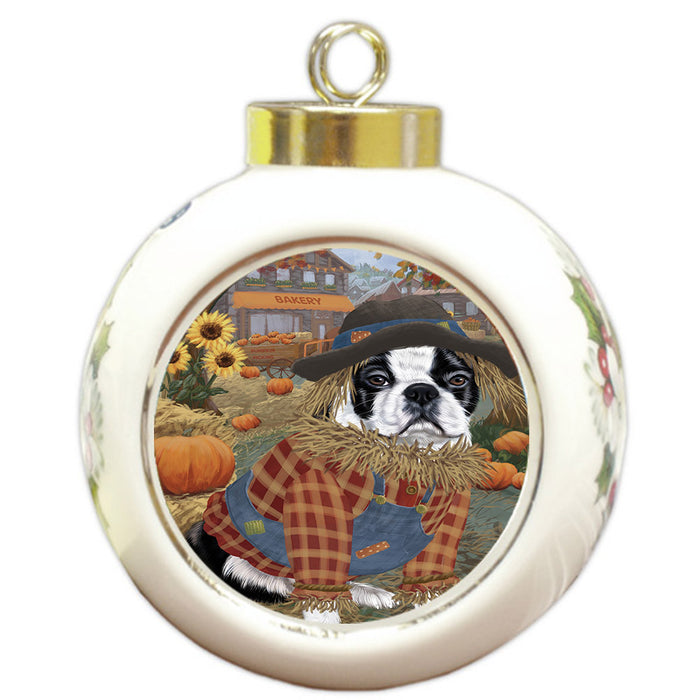 Halloween 'Round Town And Fall Pumpkin Scarecrow Both Boston Terrier Dogs Round Ball Christmas Ornament RBPOR57444