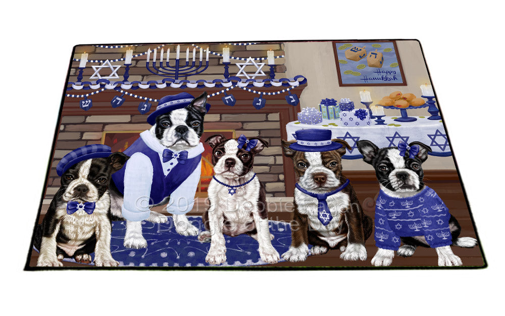 Happy Hanukkah Family and Happy Hanukkah Both Boston Terrier Dogs Floormat FLMS54065