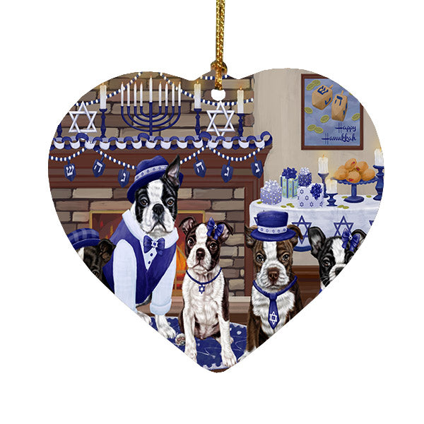 Happy Hanukkah Family Boston Terrier Dogs Heart Christmas Ornament HPOR57601