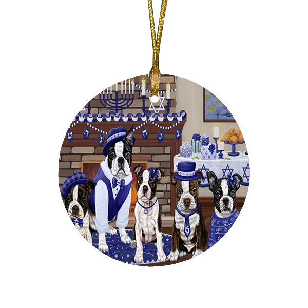 Happy Hanukkah Family and Happy Hanukkah Both Boston Terrier Dogs Round Flat Christmas Ornament RFPOR57505