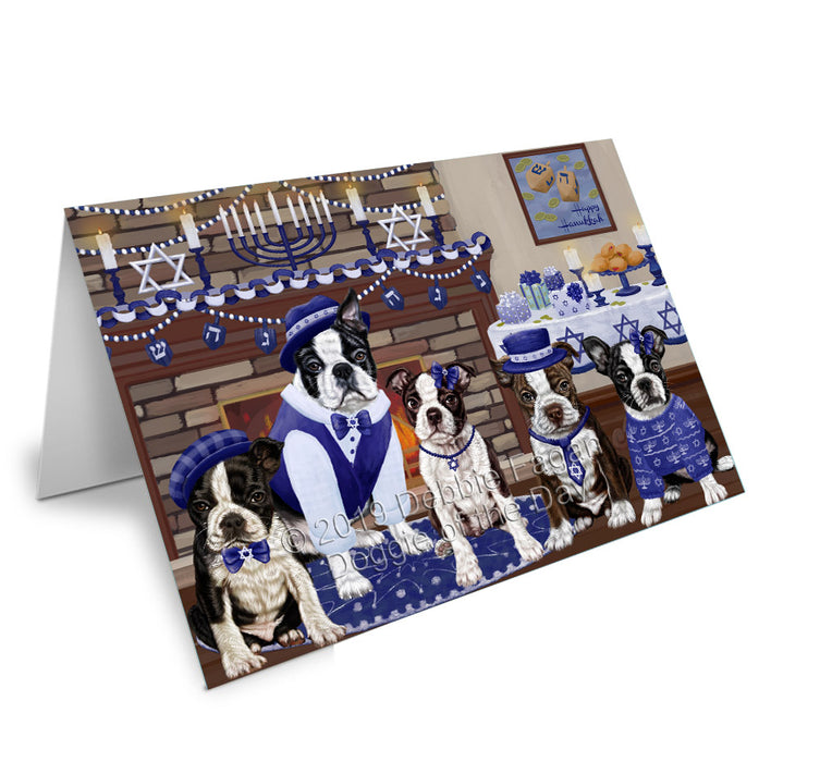 Happy Hanukkah Family Boston Terrier Dogs Handmade Artwork Assorted Pets Greeting Cards and Note Cards with Envelopes for All Occasions and Holiday Seasons GCD78149