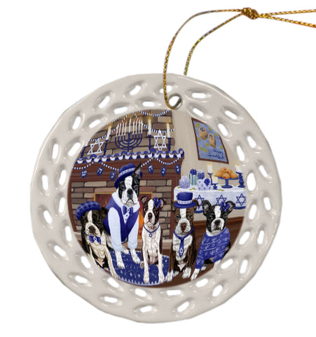 Happy Hanukkah Family Boston Terrier Dogs Doily Ornament DPOR57959