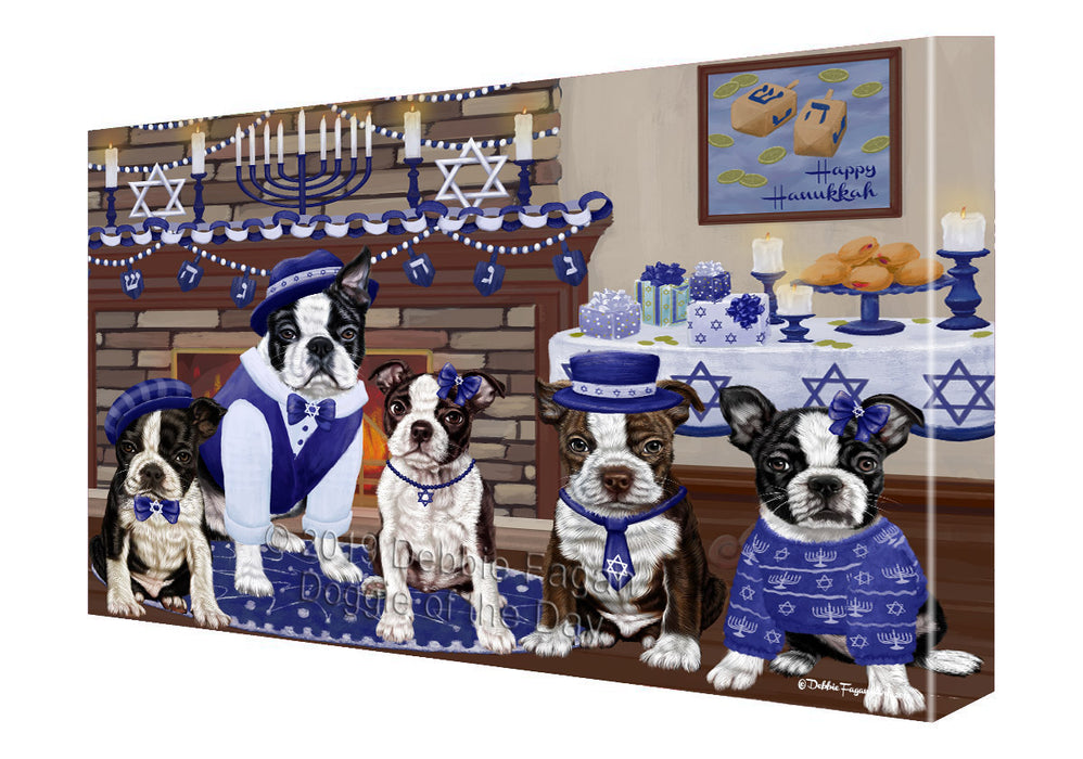 Happy Hanukkah Family and Happy Hanukkah Both Boston Terrier Dogs Canvas Print Wall Art Décor CVS141002