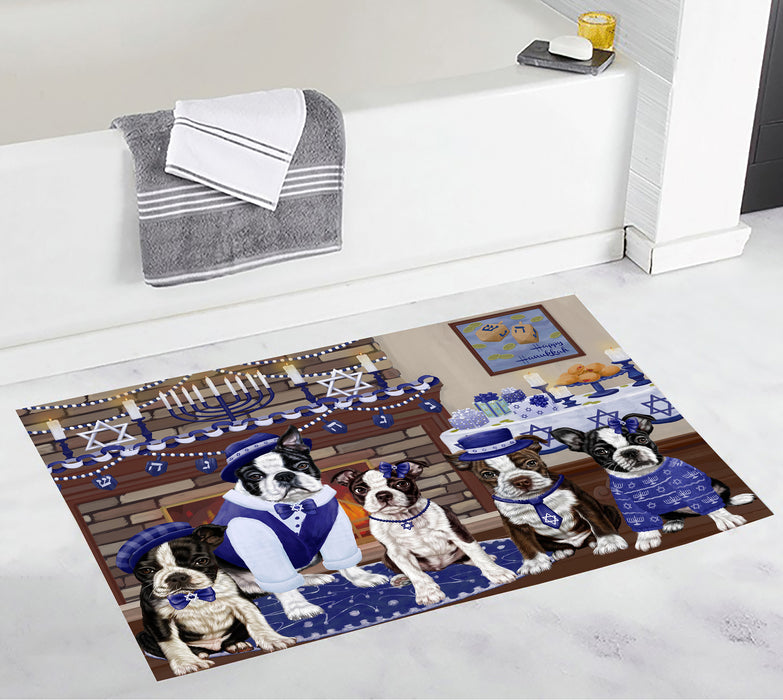 Happy Hanukkah Family and Happy Hanukkah Both Boston Terrier Dogs Bath Mat