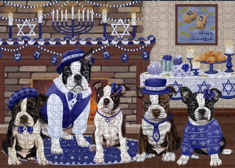 Happy Hanukkah Family and Happy Hanukkah Both Boston Terrier Dogs Puzzle with Photo Tin PUZL96712