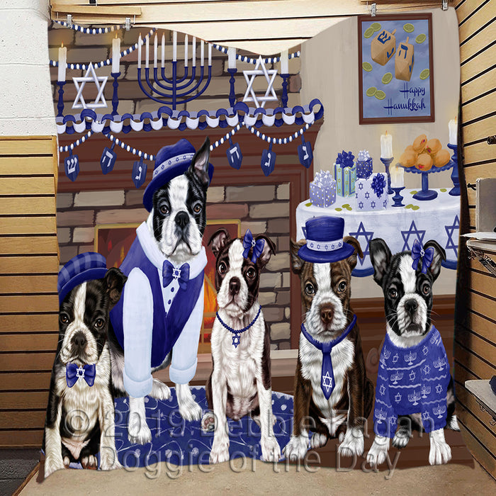 Happy Hanukkah Family and Happy Hanukkah Both Boston Terrier Dogs Quilt
