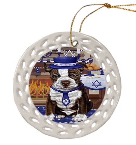 Happy Hanukkah Boston Terrier Dog Ceramic Doily Ornament DPOR57657