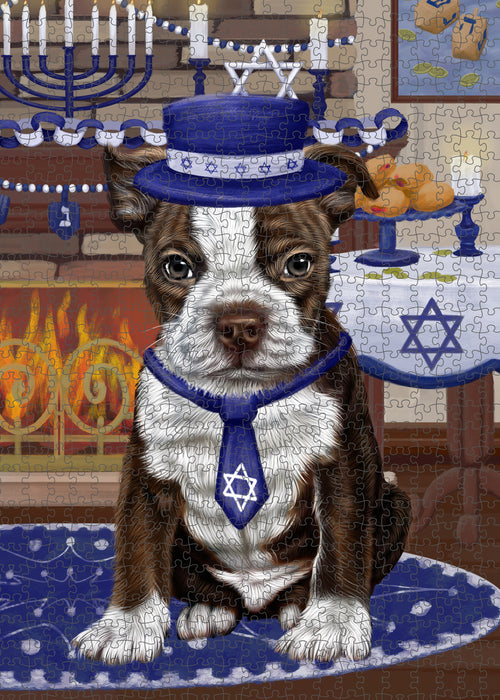 Happy Hanukkah Family and Happy Hanukkah Both Boston Terrier Dog Puzzle with Photo Tin PUZL96936