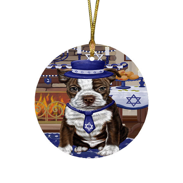 Happy Hanukkah Family and Happy Hanukkah Both Boston Terrier Dog Round Flat Christmas Ornament RFPOR57561