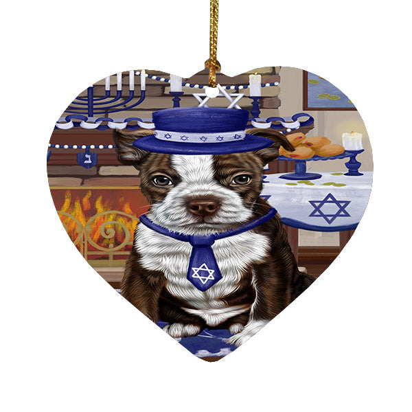 Happy Hanukkah Boston Terrier Dog Heart Christmas Ornament HPOR57657