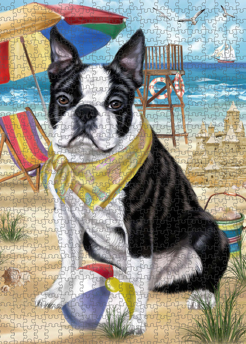 Pet Friendly Beach Boston Terrier Dog Portrait Jigsaw Puzzle for Adults Animal Interlocking Puzzle Game Unique Gift for Dog Lover's with Metal Tin Box PZL429