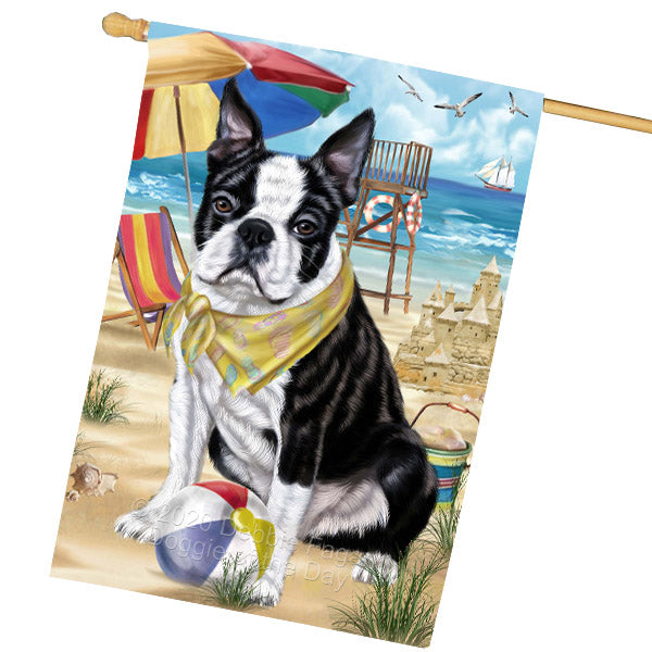 Pet Friendly Beach Boston Terrier Dog House Flag Outdoor Decorative Double Sided Pet Portrait Weather Resistant Premium Quality Animal Printed Home Decorative Flags 100% Polyester FLG68898