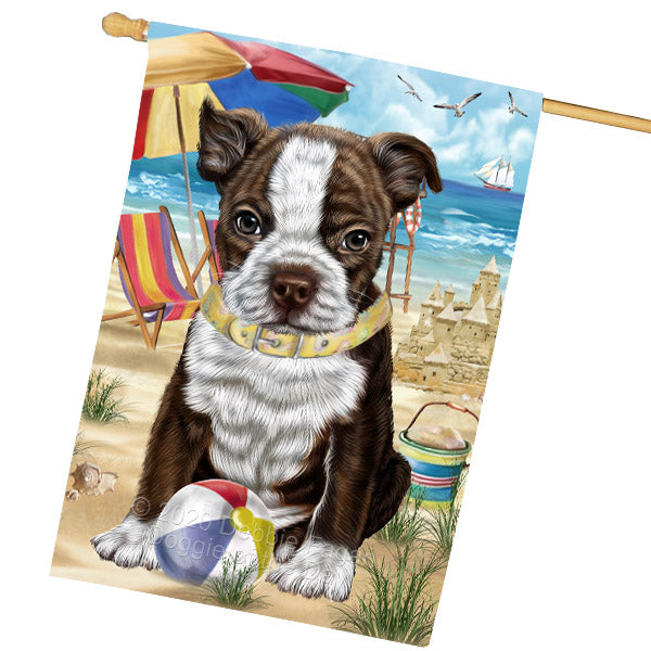 Pet Friendly Beach Boston Terrier Dog House Flag Outdoor Decorative Double Sided Pet Portrait Weather Resistant Premium Quality Animal Printed Home Decorative Flags 100% Polyester FLG68899