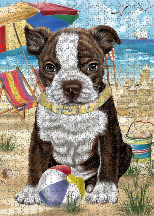 Pet Friendly Beach Boston Terrier Dog Portrait Jigsaw Puzzle for Adults Animal Interlocking Puzzle Game Unique Gift for Dog Lover's with Metal Tin Box PZL430