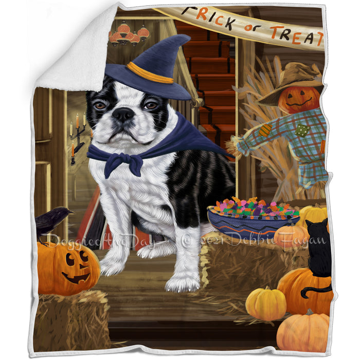 Enter at Own Risk Trick or Treat Halloween Boston Terrier Dog Blanket BLNKT94647