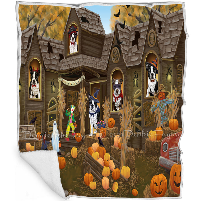Haunted House Halloween Trick or Treat Boston Terriers Dog Blanket BLNKT92982