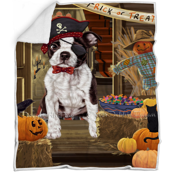 Enter at Own Risk Trick or Treat Halloween Boston Terrier Dog Blanket BLNKT94665