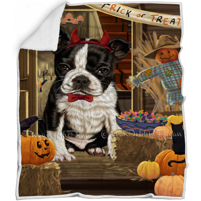 Enter at Own Risk Trick or Treat Halloween Boston Terrier Dog Blanket BLNKT94674