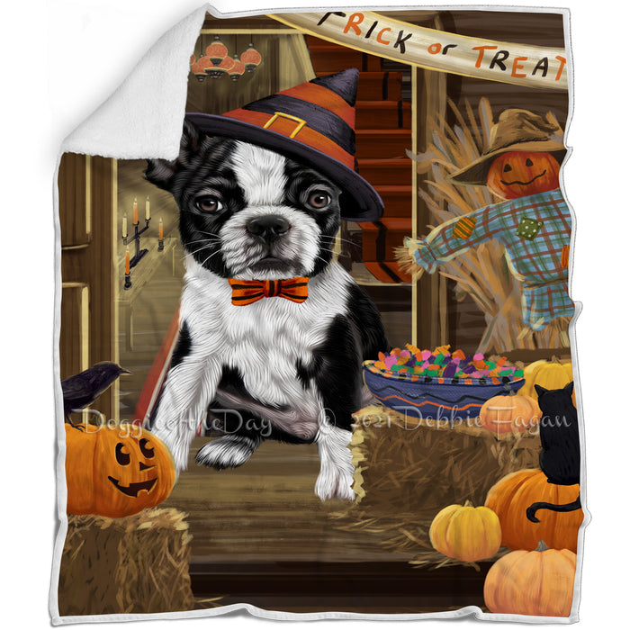 Enter at Own Risk Trick or Treat Halloween Boston Terrier Dog Blanket BLNKT94683