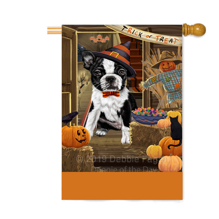 Personalized Enter at Own Risk Trick or Treat Halloween Boston Terrier Dog Custom House Flag FLG-DOTD-A59552