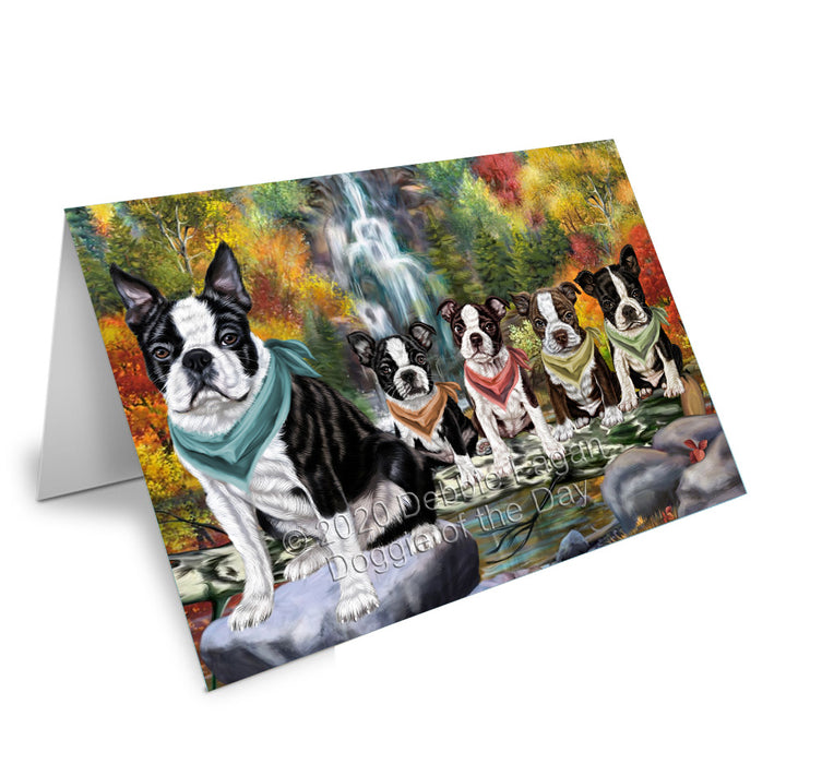 Scenic Waterfall Boston Terrier Dogs Handmade Artwork Assorted Pets Greeting Cards and Note Cards with Envelopes for All Occasions and Holiday Seasons