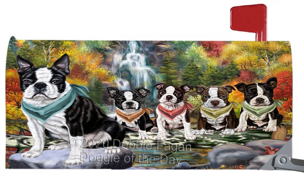 Scenic Waterfall Boston Terrier Dogs Magnetic Mailbox Cover Both Sides Pet Theme Printed Decorative Letter Box Wrap Case Postbox Thick Magnetic Vinyl Material