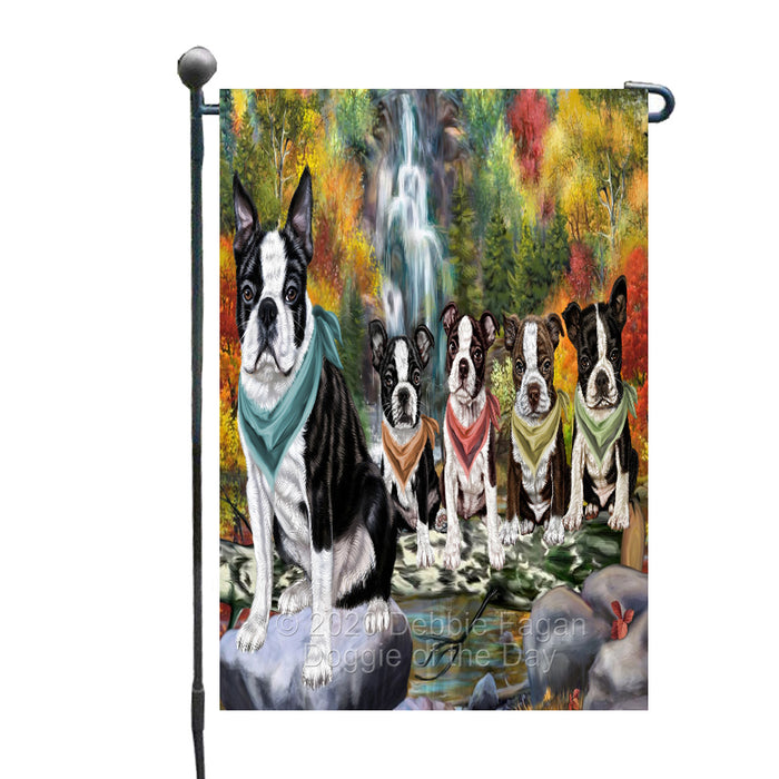 Scenic Waterfall Boston Terrier Dogs Garden Flags Outdoor Decor for Homes and Gardens Double Sided Garden Yard Spring Decorative Vertical Home Flags Garden Porch Lawn Flag for Decorations