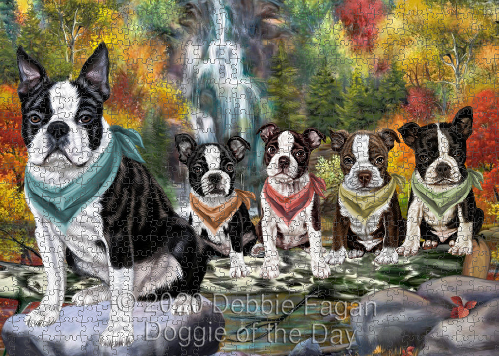 Scenic Waterfall Boston Terrier Dogs Portrait Jigsaw Puzzle for Adults Animal Interlocking Puzzle Game Unique Gift for Dog Lover's with Metal Tin Box