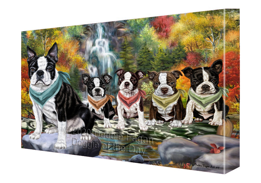 Scenic Waterfall Boston Terrier Dogs Canvas Wall Art - Premium Quality Ready to Hang Room Decor Wall Art Canvas - Unique Animal Printed Digital Painting for Decoration
