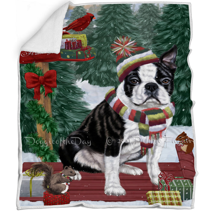 Merry Christmas Woodland Sled Boston Terrier Dog Blanket BLNKT113205