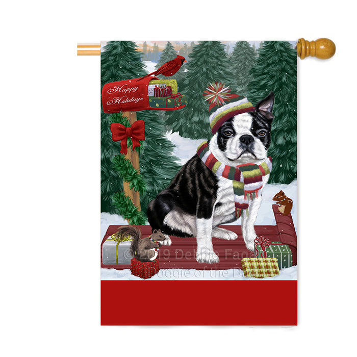 Personalized Merry Christmas Woodland Sled Boston Terrier Dog Custom House Flag FLG-DOTD-A61577