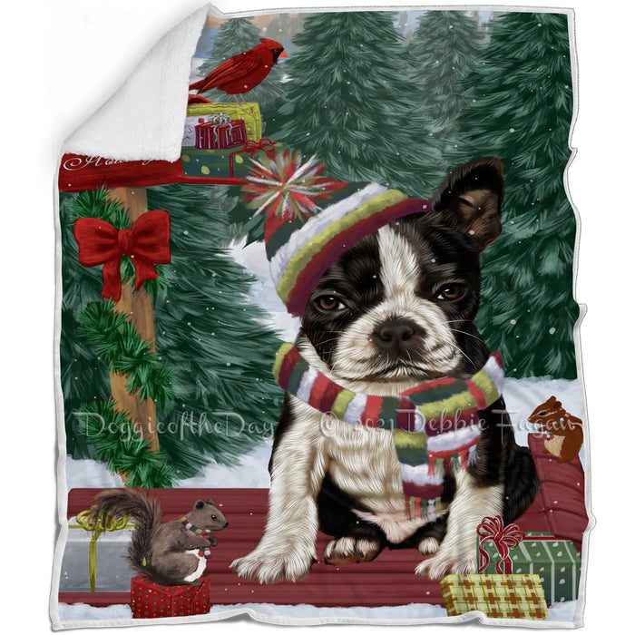 Merry Christmas Woodland Sled Boston Terrier Dog Blanket BLNKT113214