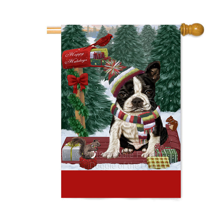 Personalized Merry Christmas Woodland Sled Boston Terrier Dog Custom House Flag FLG-DOTD-A61578