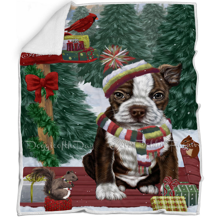 Merry Christmas Woodland Sled Boston Terrier Dog Blanket BLNKT113223