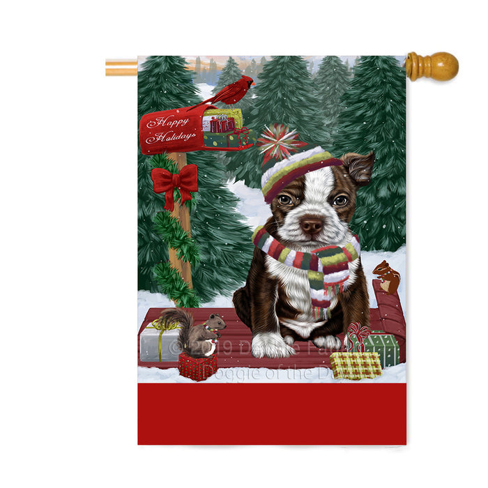 Personalized Merry Christmas Woodland Sled Boston Terrier Dog Custom House Flag FLG-DOTD-A61579