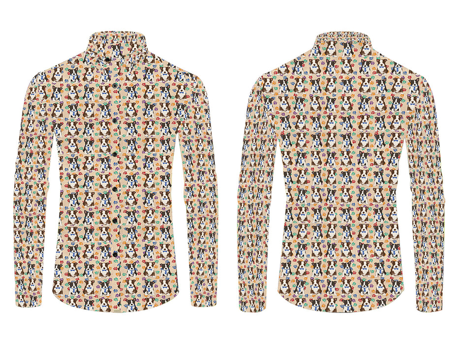 Rainbow Paw Print Boston Terrier Dogs Blue All Over Print Casual Dress Men's Shirt