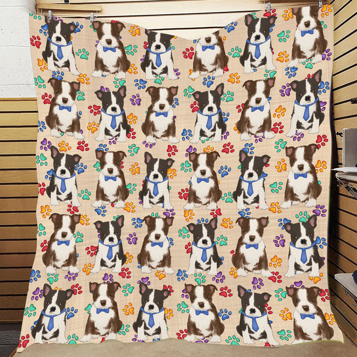 Rainbow Paw Print Boston Terrier Dogs Blue Quilt