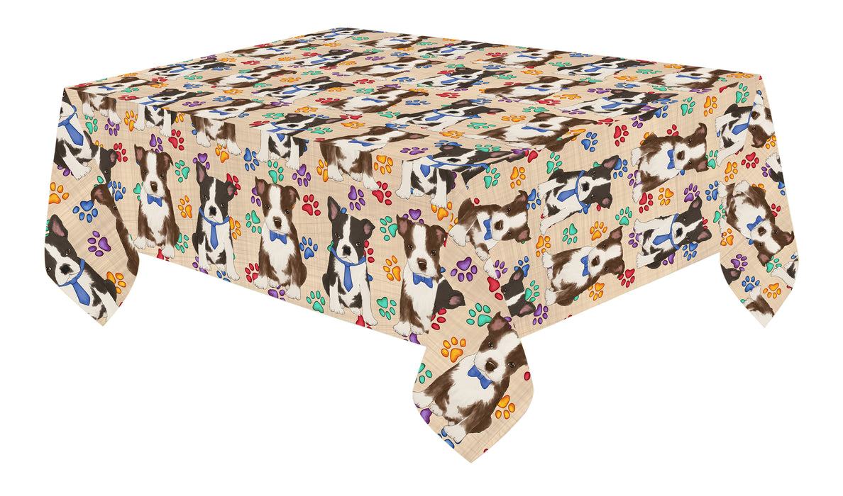 Rainbow Paw Print Boston Terrier Dogs Blue Cotton Linen Tablecloth