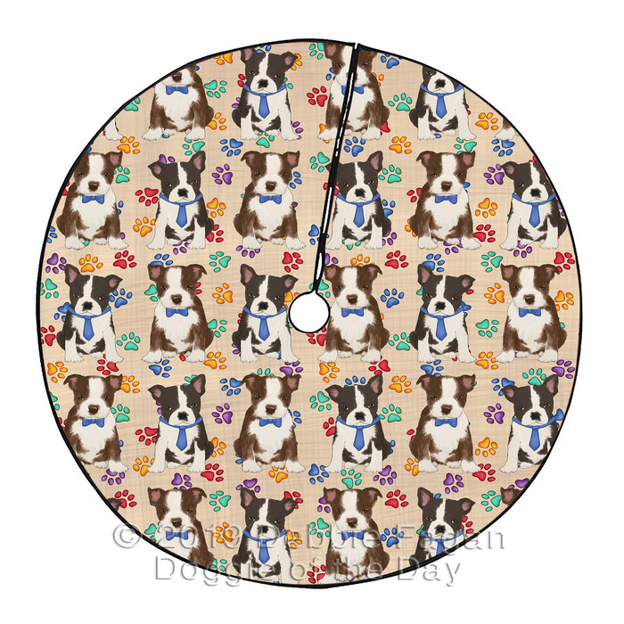 Rainbow Paw Print Boston Terrier Dogs Blue Christmas Tree Skirt