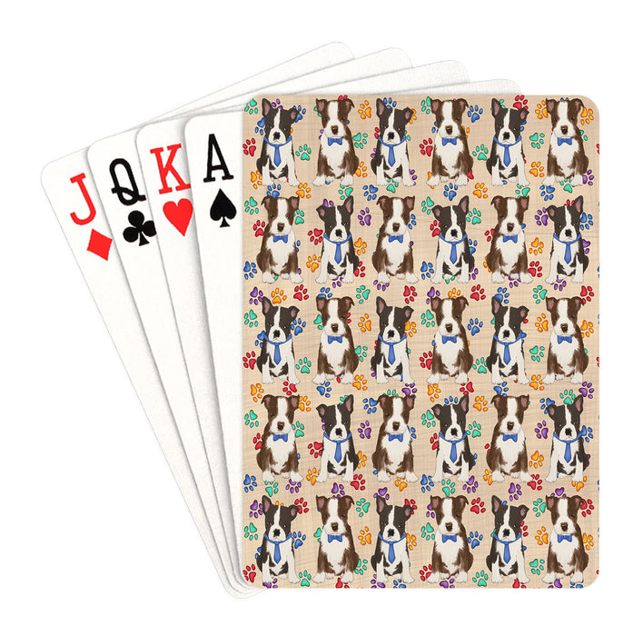 Rainbow Paw Print Boston Terrier Dogs Blue Playing Card Decks